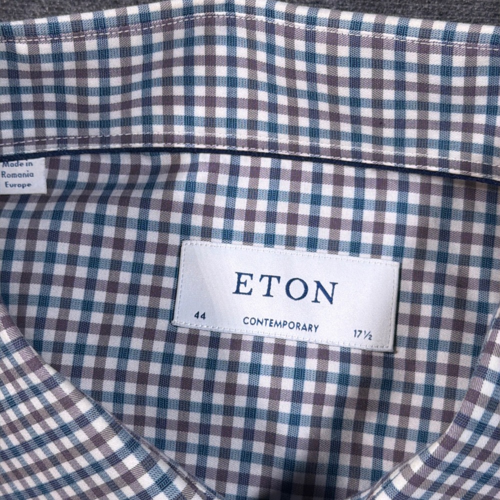 Eton Button Down Shirt Mens 17.5 Blue Gingham Contemporary Fit Cotton Twill - Picture 3 of 8